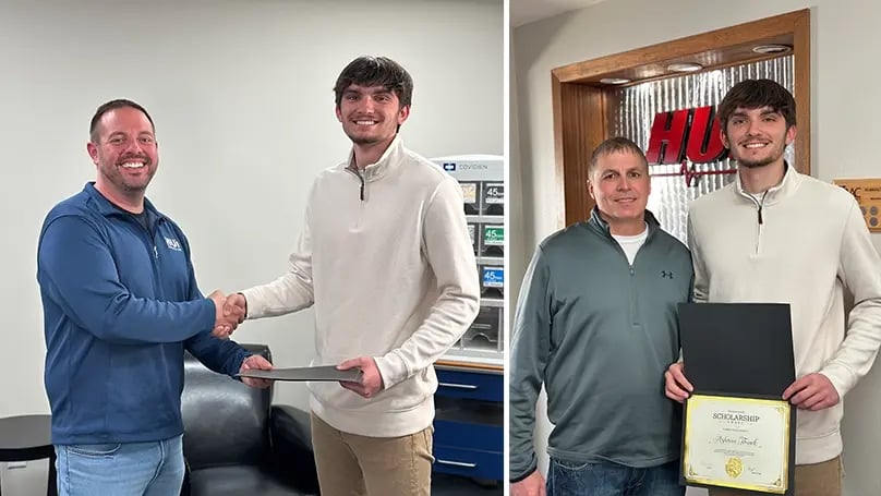 Tim-Jandrey-Handing-Al-Arnold-Scholarship-Award-Certificate-To-Recipient-Ashton-Thuek-2026-and-Ashton-Holding-The-Certificate-With-His-Father-Steve-Schroeder-808px